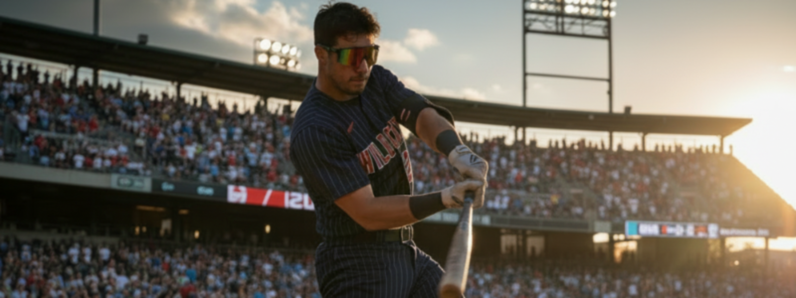 Baseball player in action during a game with a crowd in the stands. make it more of a rectangular picture.
